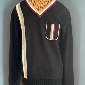 Vintage Skytex Men’s Pullover Sweater Black White Grey and Maroon Size Mecium